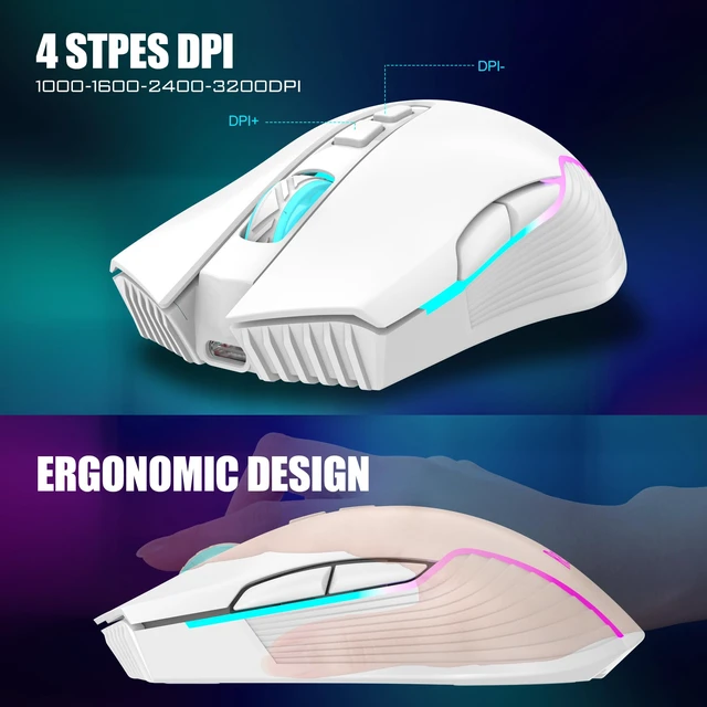 Alt view image 6 of 7 - K10 Wireless Gaming Keyboard and Mouse Combo, RGB Backlit Rechargeable 3800mAh Battery, Mechanical Feel Anti-ghosting Keyboard + 7D 3200DPI Mice for PC Gamer(White Pudding)