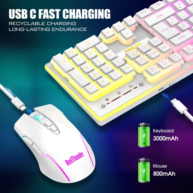 Alt view image 4 of 7 - K10 Wireless Gaming Keyboard and Mouse Combo, RGB Backlit Rechargeable 3800mAh Battery, Mechanical Feel Anti-ghosting Keyboard + 7D 3200DPI Mice for PC Gamer(White Pudding)