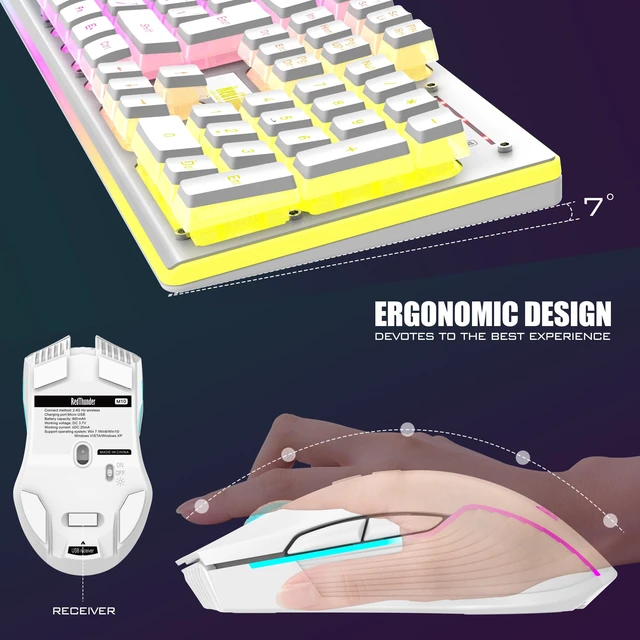 Alt view image 5 of 7 - K10 Wireless Gaming Keyboard and Mouse Combo, RGB Backlit Rechargeable 3800mAh Battery, Mechanical Feel Anti-ghosting Keyboard + 7D 3200DPI Mice for PC Gamer(White Pudding)