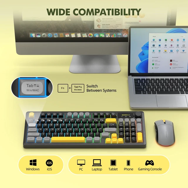 Alt view image 5 of 7 - Wireless Keyboard and Mouse Combo Creamy with Number Pad for Desktop Mac iPad Bluetooth/2.4ghz/Wired Rechargeable Light up RGB Quiet Compatible with PC Laptop Tablet (Black)
