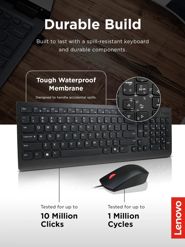 Alt view image 3 of 5 - Essential Wired Keyboard & Mouse Combo - US English, Adjustable Feet, Spill Resistant Keys, Full Size Ambidextrous Optical Mouse, 1600 DPI, Black