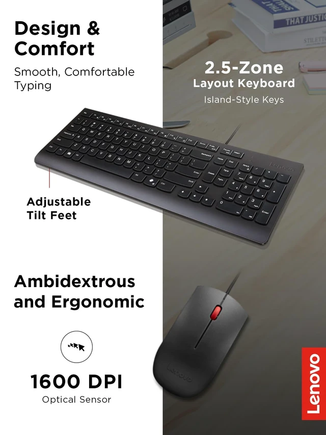 Alt view image 4 of 5 - Essential Wired Keyboard & Mouse Combo - US English, Adjustable Feet, Spill Resistant Keys, Full Size Ambidextrous Optical Mouse, 1600 DPI, Black