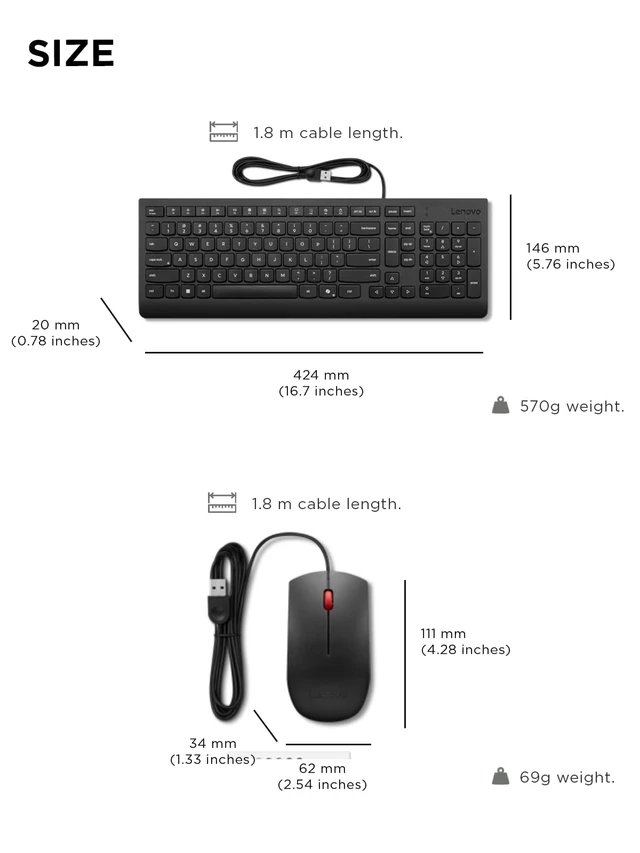 Alt view image 5 of 5 - Essential Wired Keyboard & Mouse Combo - US English, Adjustable Feet, Spill Resistant Keys, Full Size Ambidextrous Optical Mouse, 1600 DPI, Black