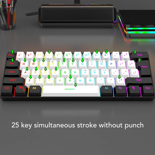 Alt view image 3 of 7 - 61 Key RGB Keyboard with Ergonomic Design (White Center Black Frame) | RGB backlight, compatible with and , compact size, gaming mouse included