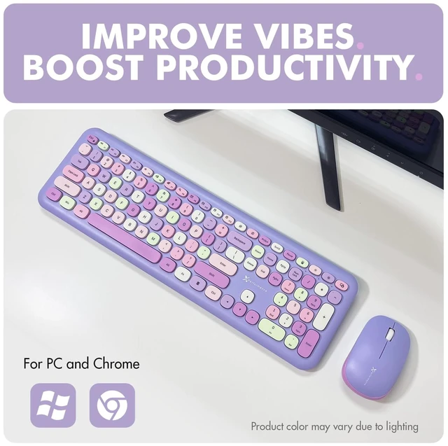 Alt view image 2 of 7 - Retro Wireless Keyboard and Mouse Combo - 2.4G Colorful Purple Keyboard and Mouse Wireless - Cute and Aesthetic Typewriter Combo for PC Computer Desktop and Laptop - Full Size