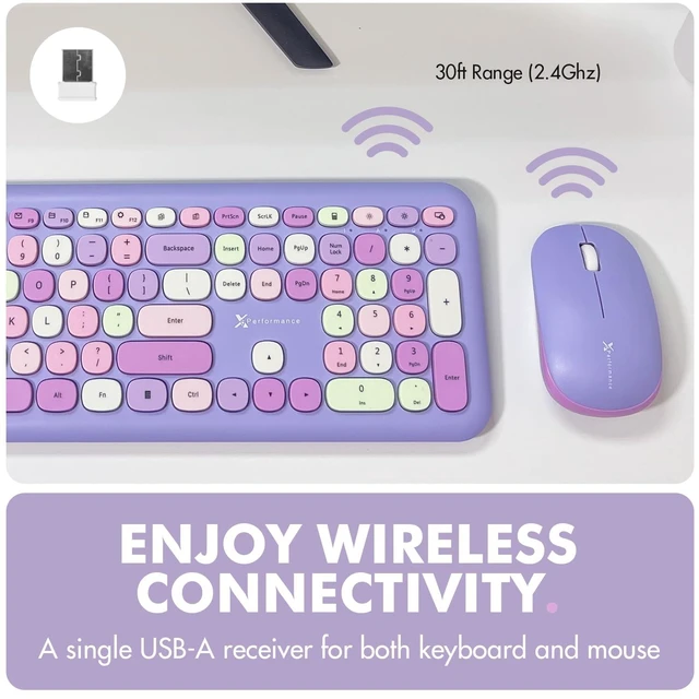 Alt view image 3 of 7 - Retro Wireless Keyboard and Mouse Combo - 2.4G Colorful Purple Keyboard and Mouse Wireless - Cute and Aesthetic Typewriter Combo for PC Computer Desktop and Laptop - Full Size