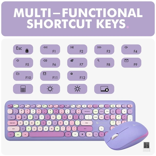 Alt view image 5 of 7 - Retro Wireless Keyboard and Mouse Combo - 2.4G Colorful Purple Keyboard and Mouse Wireless - Cute and Aesthetic Typewriter Combo for PC Computer Desktop and Laptop - Full Size