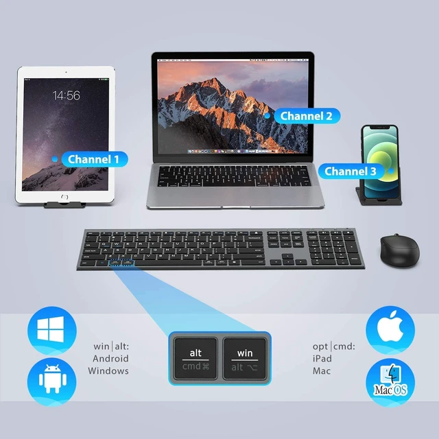 Alt view image 2 of 7 - DK03 Bluetooth Keyboard and Mouse Combo, Slim Full-Size, Space Gray | Dual Bluetooth & 2.4G Modes, Slim Wireless Keyboard Mouse with Numeric Keypad, Quiet Typing, Rechargeable, for Windows & Mac