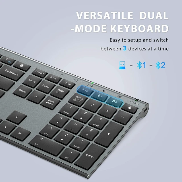 Alt view image 3 of 7 - DK03 Bluetooth Keyboard and Mouse Combo, Slim Full-Size, Space Gray | Dual Bluetooth & 2.4G Modes, Slim Wireless Keyboard Mouse with Numeric Keypad, Quiet Typing, Rechargeable, for Windows & Mac