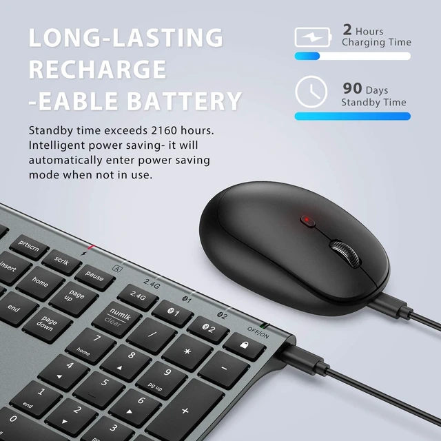 Alt view image 6 of 7 - DK03 Bluetooth Keyboard and Mouse Combo, Slim Full-Size, Space Gray | Dual Bluetooth & 2.4G Modes, Slim Wireless Keyboard Mouse with Numeric Keypad, Quiet Typing, Rechargeable, for Windows & Mac
