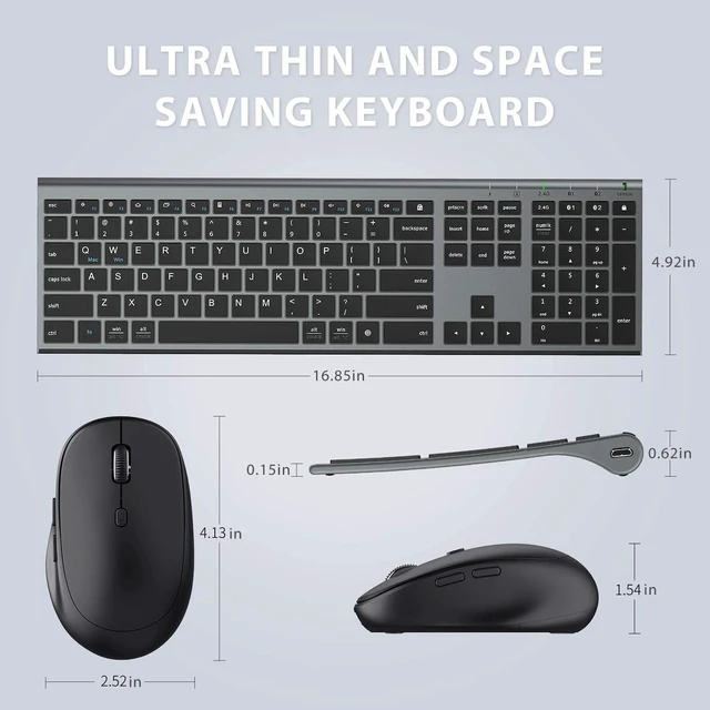 Alt view image 7 of 7 - DK03 Bluetooth Keyboard and Mouse Combo, Slim Full-Size, Space Gray | Dual Bluetooth & 2.4G Modes, Slim Wireless Keyboard Mouse with Numeric Keypad, Quiet Typing, Rechargeable, for Windows & Mac