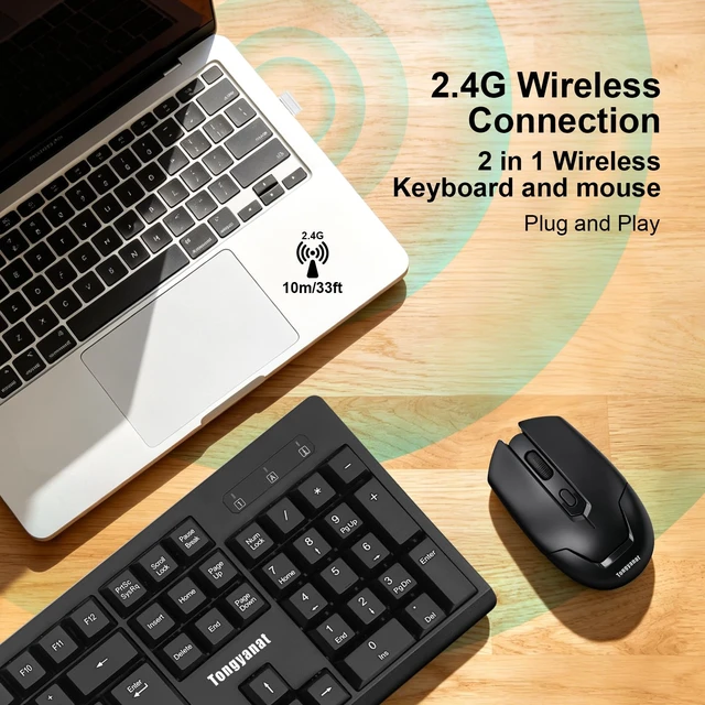 Alt view image 2 of 7 - Black Wireless Keyboard and Mouse Combo, 2.4G Full-Size | Quiet Click, Plug & Play, Ergonomic, Compatible with Windows, Mac, Laptop, Desktop - for Home, Office, Students