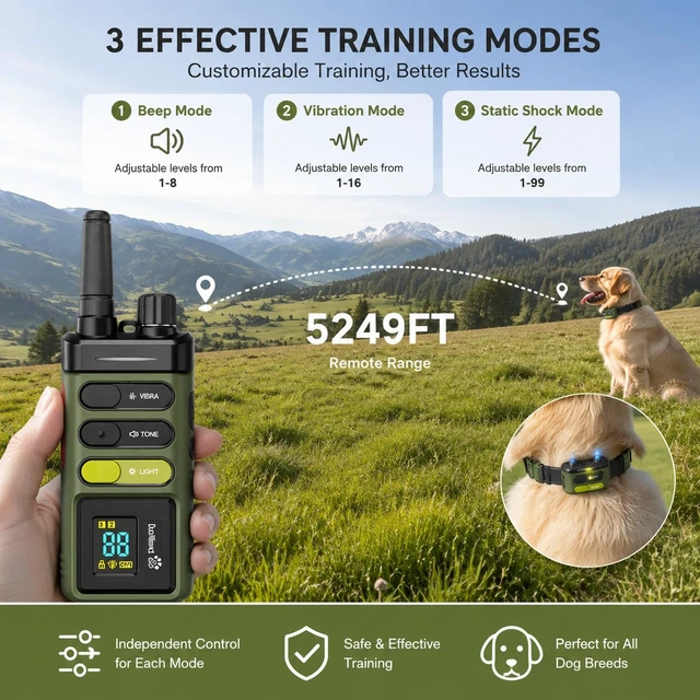Alt view image 2 of 7 - Training Collar 5249ft Rechargeable Dog E Collar for Small Medium Large | IPX7 Waterproof, 3 Humane Modes (Beep/Vibration/Shock), 1-99 Levels, Single Channel, 5-150lbs Fit