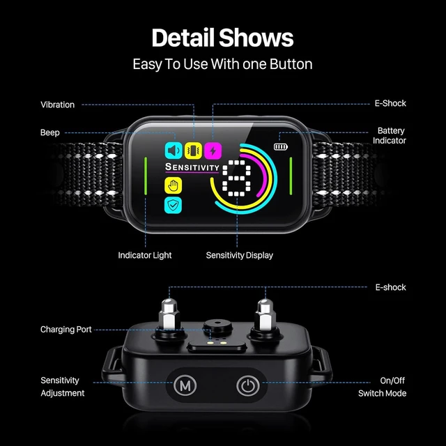Alt view image 3 of 7 - Dog Bark Collar for Large/Medium/Small Dogs | Rechargeable Smart AI Anti-Barking Training Collar with 8 Adjustable Sensitivity, Beep & Vibration Modes | Solves Excessive Barking - Dark Black