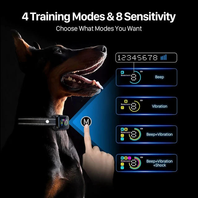 Alt view image 4 of 7 - Dog Bark Collar for Large/Medium/Small Dogs | Rechargeable Smart AI Anti-Barking Training Collar with 8 Adjustable Sensitivity, Beep & Vibration Modes | Solves Excessive Barking - Dark Black