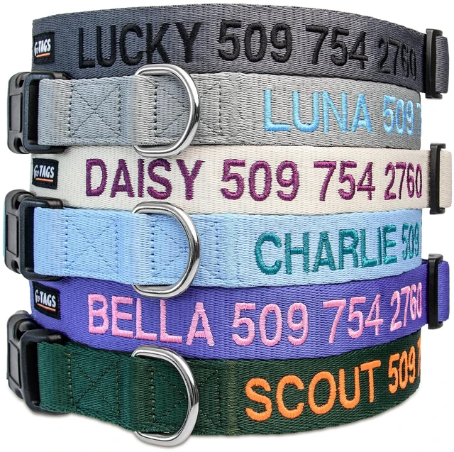 Alt view image 2 of 7 - Personalized Dog Collar, Custom Embroidered with Pet Name and Number | Available in Blue, Black, Pink, Red and Orange, for Boy and Girl Dogs or Cats, Adjustable Sizes, Small, Medium, and Large