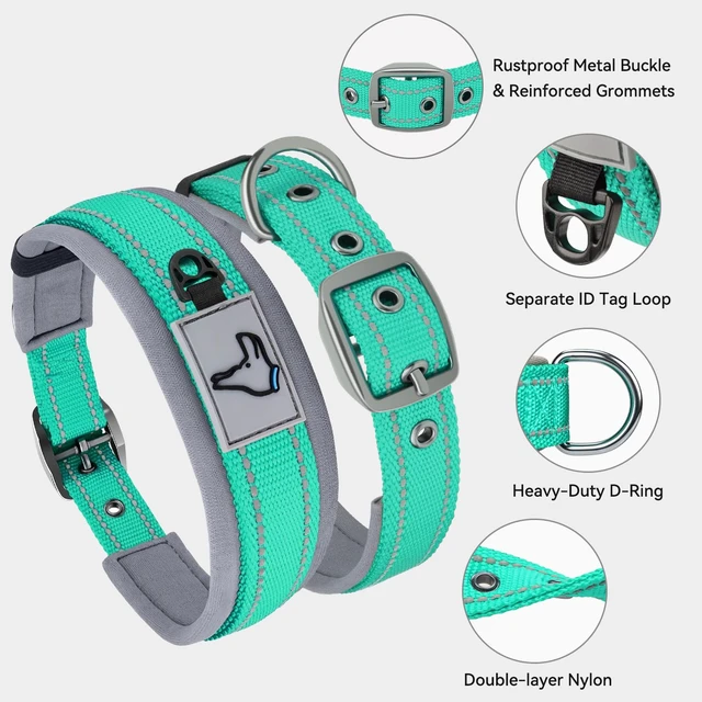 Alt view image 3 of 6 - Reflective Dog Collar for Large Dogs with Wide Padding, Teal | Soft Cushion Reduce Neck Strain, Night Safety Walking, Metal Buckle and Adjustable Eyelets, Separated Dog ID Tag Ring