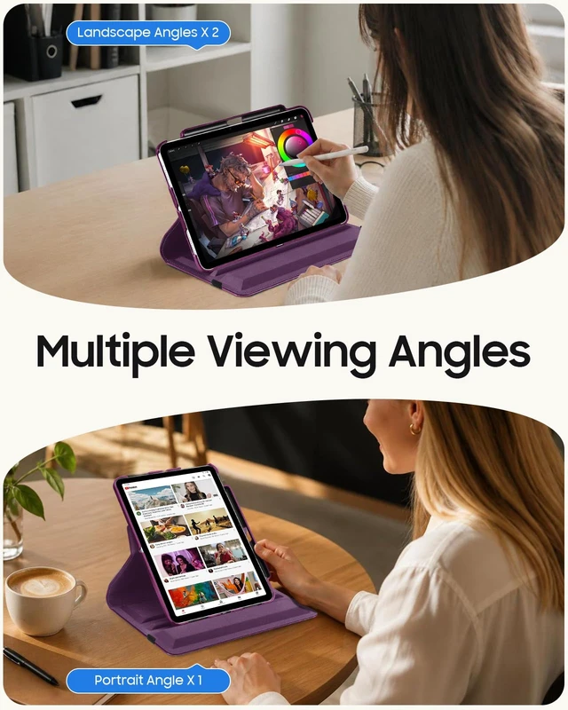 Alt view image 3 of 7 - Rotating Case for iPad Air 11-inch & iPad Air 5th/4th Gen 10.9 inch | 360° Swivel Stand, Portrait & Landscape Viewing, Shockproof Cover with Pencil Holder, Auto Wake/Sleep, Purple