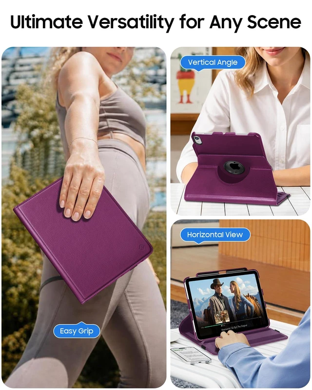 Alt view image 6 of 7 - Rotating Case for iPad Air 11-inch & iPad Air 5th/4th Gen 10.9 inch | 360° Swivel Stand, Portrait & Landscape Viewing, Shockproof Cover with Pencil Holder, Auto Wake/Sleep, Purple