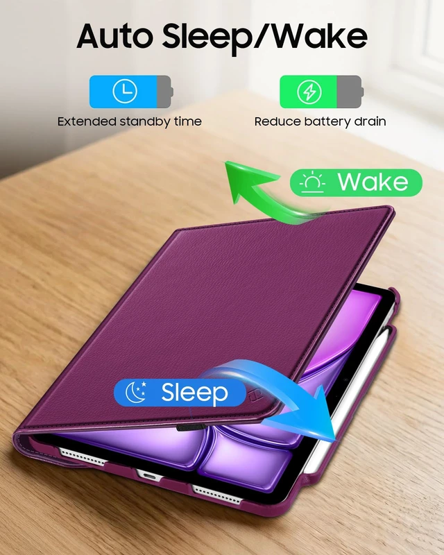Alt view image 7 of 7 - Rotating Case for iPad Air 11-inch & iPad Air 5th/4th Gen 10.9 inch | 360° Swivel Stand, Portrait & Landscape Viewing, Shockproof Cover with Pencil Holder, Auto Wake/Sleep, Purple