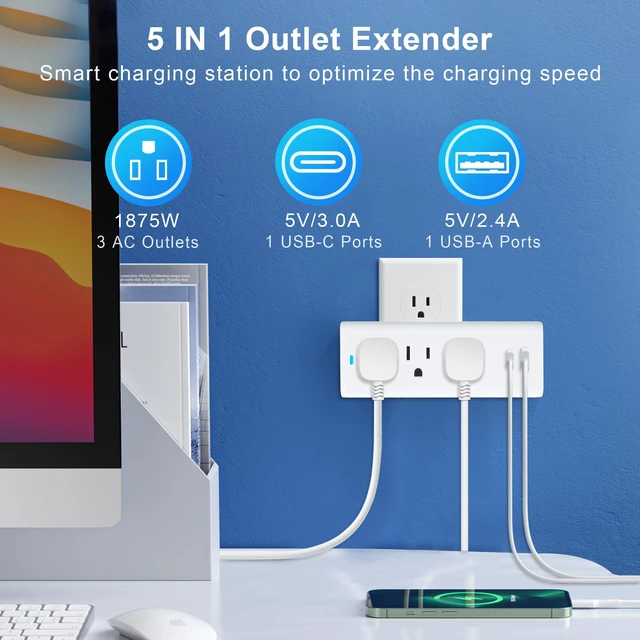 Alt view image 2 of 5 - Multi Plug Outlet Extender, 3 AC+2 USB A and C Ports Power Strip with Indicator Light, 3-Prong 15A/125V/1875W Charging Station, 490 J Surge Protection Wall Tap for Cruise Ship Home Travel Office-White