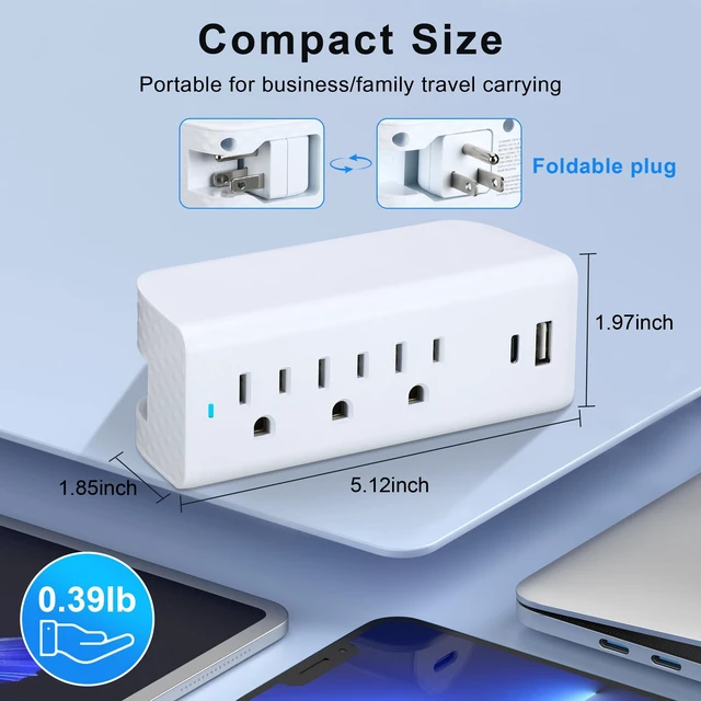 Alt view image 5 of 5 - Multi Plug Outlet Extender, 3 AC+2 USB A and C Ports Power Strip with Indicator Light, 3-Prong 15A/125V/1875W Charging Station, 490 J Surge Protection Wall Tap for Cruise Ship Home Travel Office-White
