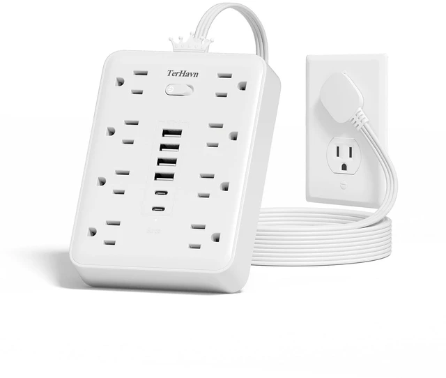 Main image of Surge Protector Power Strip, 8AC+6USB 17W, 5FT Flat Plug, 15A/1875W, White | 5FT 16AWG Cord, 8AC+6USB(4A+2C) 17W Max, 900J Surge, 15A/1875W, Press-to-Reset Breaker, Soft-Glow Indicator, Wall Mount