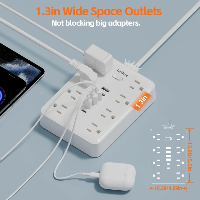 Alt view image 2 of 7 - Surge Protector Power Strip, 8AC+6USB 17W, 5FT Flat Plug, 15A/1875W, White | 5FT 16AWG Cord, 8AC+6USB(4A+2C) 17W Max, 900J Surge, 15A/1875W, Press-to-Reset Breaker, Soft-Glow Indicator, Wall Mount