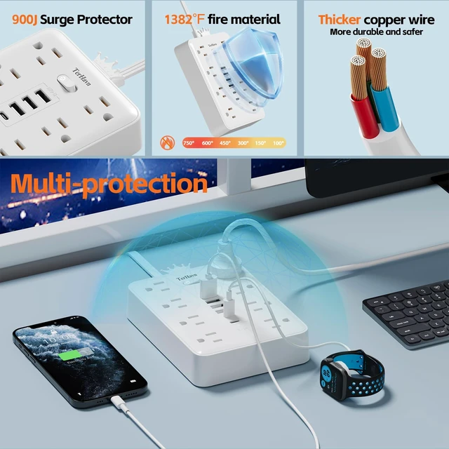 Alt view image 4 of 7 - Surge Protector Power Strip, 8AC+6USB 17W, 5FT Flat Plug, 15A/1875W, White | 5FT 16AWG Cord, 8AC+6USB(4A+2C) 17W Max, 900J Surge, 15A/1875W, Press-to-Reset Breaker, Soft-Glow Indicator, Wall Mount