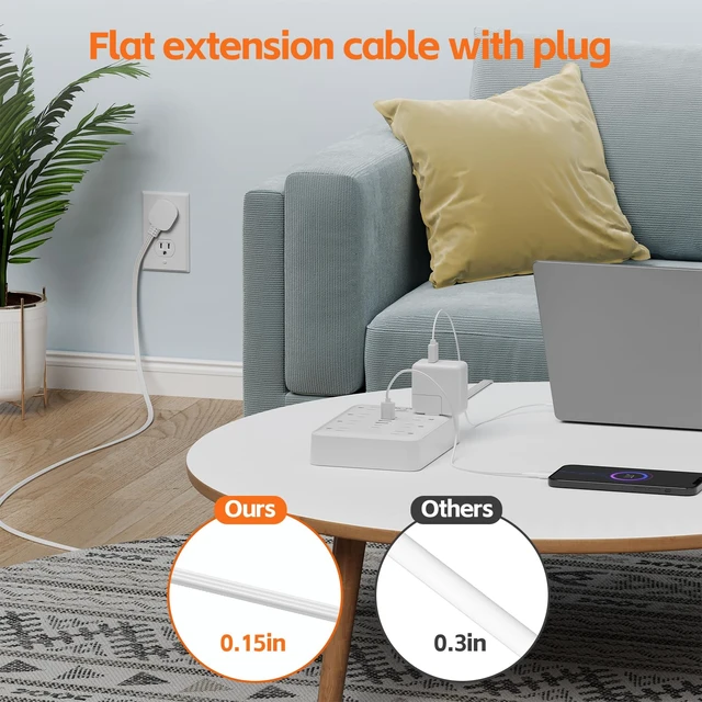 Alt view image 7 of 7 - Surge Protector Power Strip, 8AC+6USB 17W, 5FT Flat Plug, 15A/1875W, White | 5FT 16AWG Cord, 8AC+6USB(4A+2C) 17W Max, 900J Surge, 15A/1875W, Press-to-Reset Breaker, Soft-Glow Indicator, Wall Mount