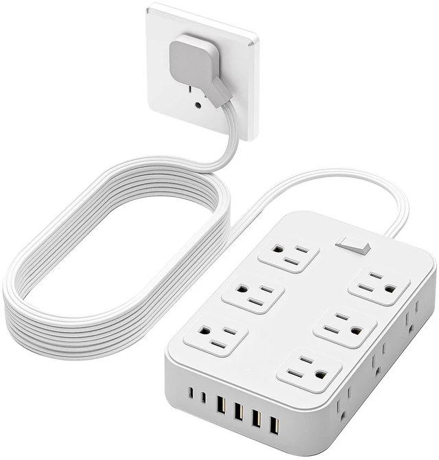 Main image of Flat Plug Power Strip Surge Protector with 12 AC Outlets 6 USB Ports 3 Side Multi Plug Outlet Extender 5 Ft Extension Cord for Home Office Kitchen Dorm Wall Desk Charging Station ETL Listed