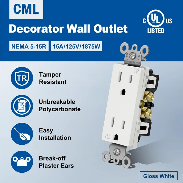 Alt view image 2 of 7 - 15 Amp Decorator Tamper Resistant Wall Receptacle Outlet, 20 Pack | UL Listed Standard Electrical Outlets, 15A/125V, 2 Pole 3 Wire, for Home, Office & Commercial Use, White