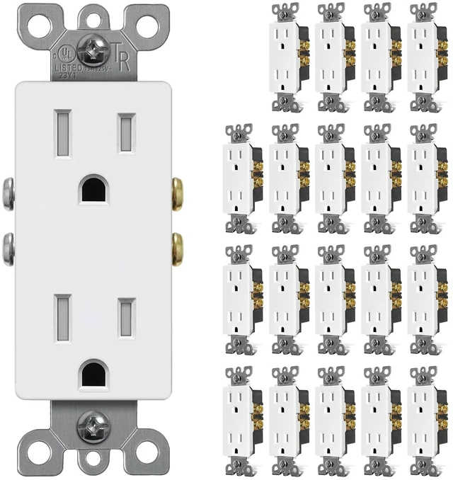 Main image of 15 Amp Decorator Tamper Resistant Wall Receptacle Outlet, 20 Pack | UL Listed Standard Electrical Outlets, 15A/125V, 2 Pole 3 Wire, for Home, Office & Commercial Use, White