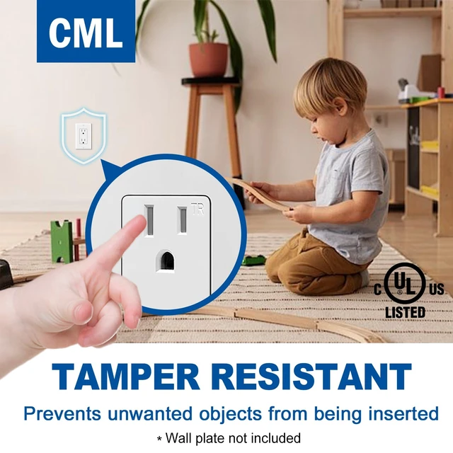 Alt view image 3 of 7 - 15 Amp Decorator Tamper Resistant Wall Receptacle Outlet, 20 Pack | UL Listed Standard Electrical Outlets, 15A/125V, 2 Pole 3 Wire, for Home, Office & Commercial Use, White