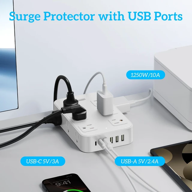 Alt view image 4 of 7 - Flat Plug Power Strip Surge Protector with 12 AC Outlets 6 USB Ports 3 Side Multi Plug Outlet Extender 5 Ft Extension Cord for Home Office Kitchen Dorm Wall Desk Charging Station ETL Listed