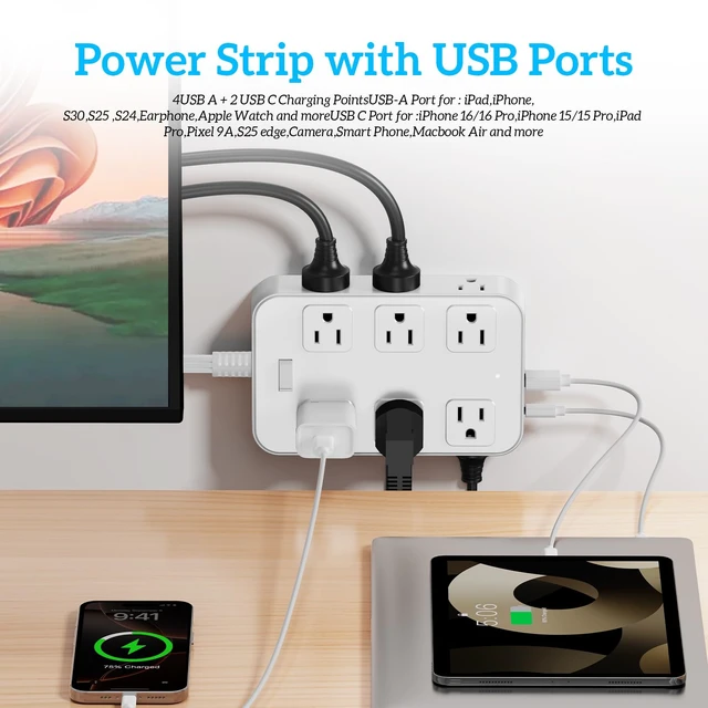 Alt view image 3 of 7 - Flat Plug Power Strip Surge Protector with 12 AC Outlets 6 USB Ports 3 Side Multi Plug Outlet Extender 5 Ft Extension Cord for Home Office Kitchen Dorm Wall Desk Charging Station ETL Listed