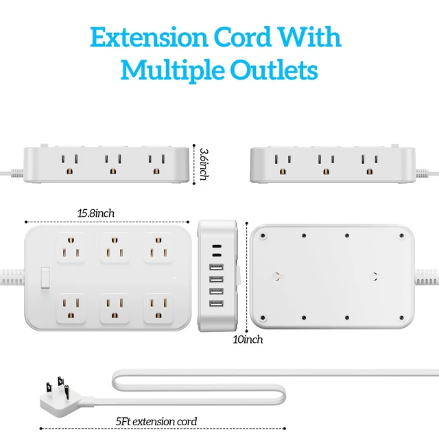 Alt view image 6 of 7 - Flat Plug Power Strip Surge Protector with 12 AC Outlets 6 USB Ports 3 Side Multi Plug Outlet Extender 5 Ft Extension Cord for Home Office Kitchen Dorm Wall Desk Charging Station ETL Listed