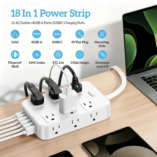 Alt view image 2 of 7 - Flat Plug Power Strip Surge Protector with 12 AC Outlets 6 USB Ports 3 Side Multi Plug Outlet Extender 5 Ft Extension Cord for Home Office Kitchen Dorm Wall Desk Charging Station ETL Listed