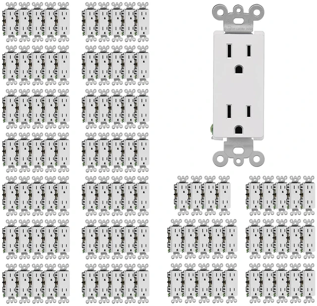Main image of 100 Pack 15 Amp Decorator Wall Receptacle Outlet, UL Listed | Standard Electrical Outlets, 15A/125V, 2 Pole 3 Wire, Non-Tamper-Resistant, Residential and Commercial Use