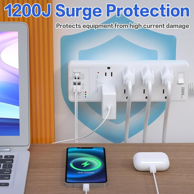 Alt view image 3 of 6 - Surge Protector Power Strip, Extension Cord with USB Timer 8 Outlets(1875W/15A) and 2 USB A+2USB C Ports, ETL Listed, Wall Mountable, 1200J Surge Protector for Home, Office