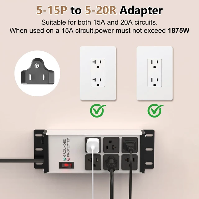 Alt view image 5 of 7 - 20 AMP Heavy Duty Surge Protector Power Strip, 12AWG 6FT Cord | 2500W Extension Cord with Multiple Outlets, 4000J Wall Mount Power Strip Electric Extender for Industrial, Workshop, Garage