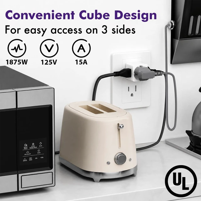Alt view image 4 of 7 - 3 Outlet Cube Wall Adapter, 3 Pack, Recessed Outlet Extender, Low Profile 3 Prong Plug Splitter, Grounded Wall Tap, 90° Compact Adapter, Cruise & Travel, UL Listed 15A 125V White