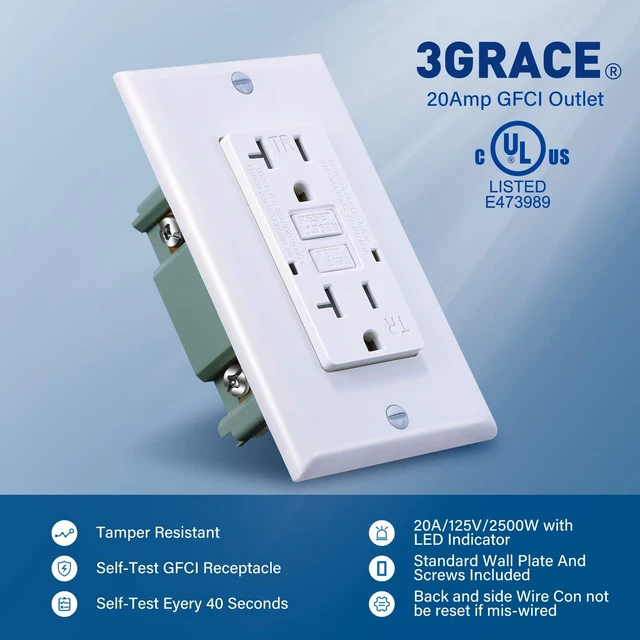 Alt view image 2 of 7 - GFCI Outlet, Tamper-Resistant GFI Receptacle with LED Indicator, Self-Test Ground Fault Circuit Interrupter, Decorator Wall Plates and Screws Included, UL Listed, White (White, 20A 2 Pack)