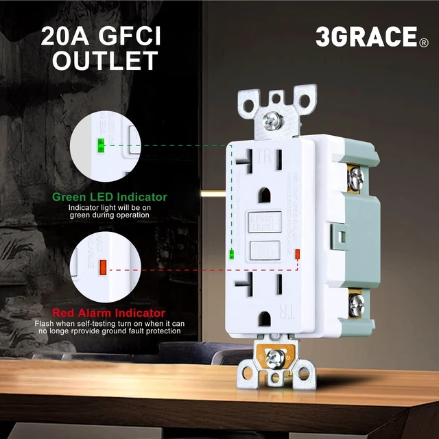 Alt view image 4 of 7 - GFCI Outlet, Tamper-Resistant GFI Receptacle with LED Indicator, Self-Test Ground Fault Circuit Interrupter, Decorator Wall Plates and Screws Included, UL Listed, White (White, 20A 2 Pack)