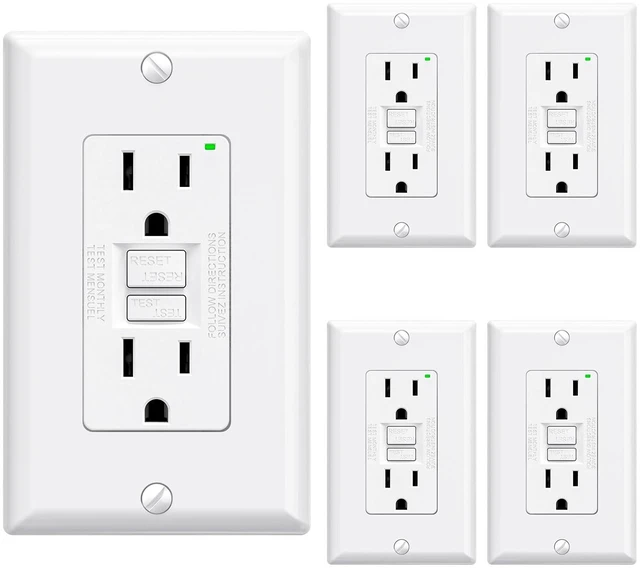 Main image of GFCI Outlet 15 Amp, Self-Test GFI Electrical Outlet with Narrow Design, GFCI Receptacle with LED Indicator, UL Listed, White, Wall Plate Included, 5 Pack