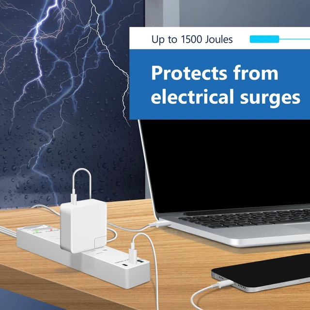 Alt view image 2 of 7 - Outlet Extender with 4 Receptacles, USB-A & 2 USB-C, 5ft Cord, 1250W | ETL Listed, 45 Degree Angle Flat-Plug, Matte White, 4-Outlet Power Strip, Surge Protector 1500 Joules, Ultra-Thin