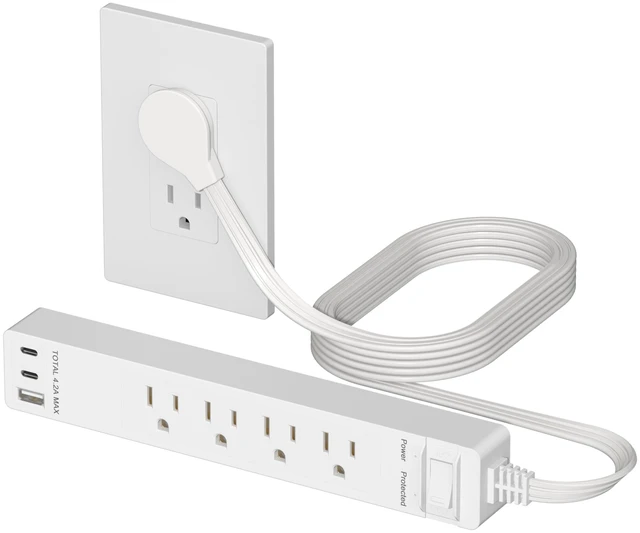 Main image of Outlet Extender with 4 Receptacles, USB-A & 2 USB-C, 5ft Cord, 1250W | ETL Listed, 45 Degree Angle Flat-Plug, Matte White, 4-Outlet Power Strip, Surge Protector 1500 Joules, Ultra-Thin