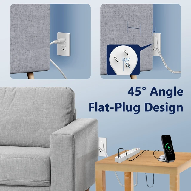 Alt view image 5 of 7 - Outlet Extender with 4 Receptacles, USB-A & 2 USB-C, 5ft Cord, 1250W | ETL Listed, 45 Degree Angle Flat-Plug, Matte White, 4-Outlet Power Strip, Surge Protector 1500 Joules, Ultra-Thin