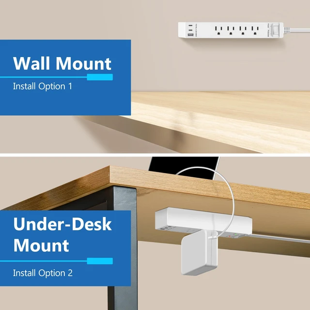 Alt view image 4 of 7 - Outlet Extender with 4 Receptacles, USB-A & 2 USB-C, 5ft Cord, 1250W | ETL Listed, 45 Degree Angle Flat-Plug, Matte White, 4-Outlet Power Strip, Surge Protector 1500 Joules, Ultra-Thin