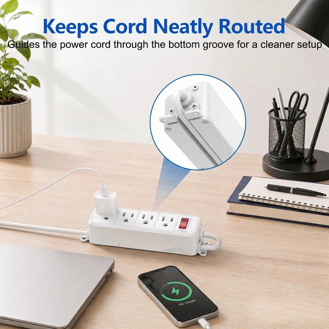 Alt view image 4 of 7 - 4 Outlet Small Power Strip, White, Mountable, 6 ft Cord | Wall Mount, Overload Protection Switch, 16AWG Flat Plug Extension Cord, for Home, Office, School, ETL Listed